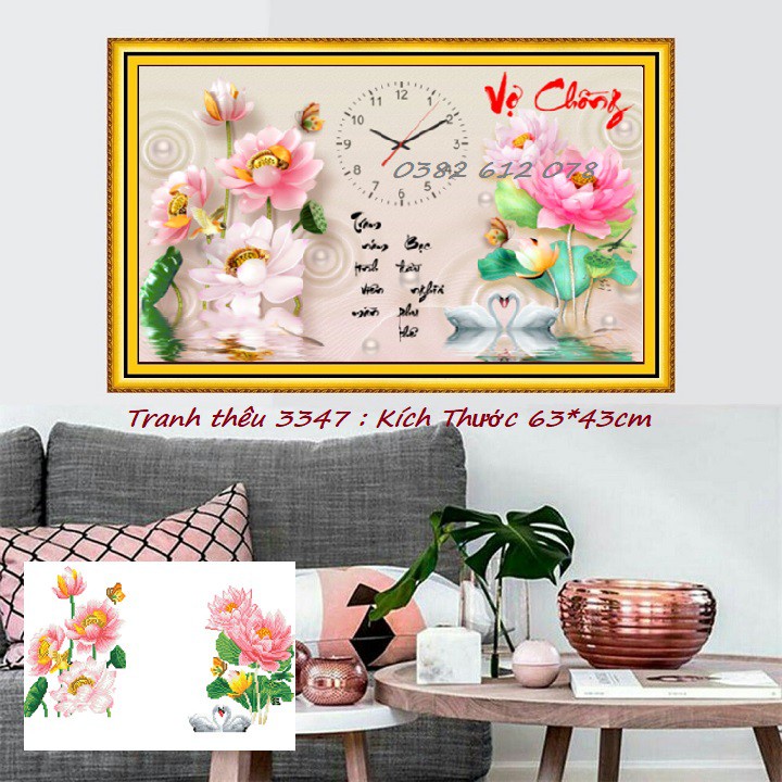 Tranh thêu đồng hồ cha mẹ KT:63x43cm,tranh chưa thêu.Tặng kéo và xỏ chỉ.