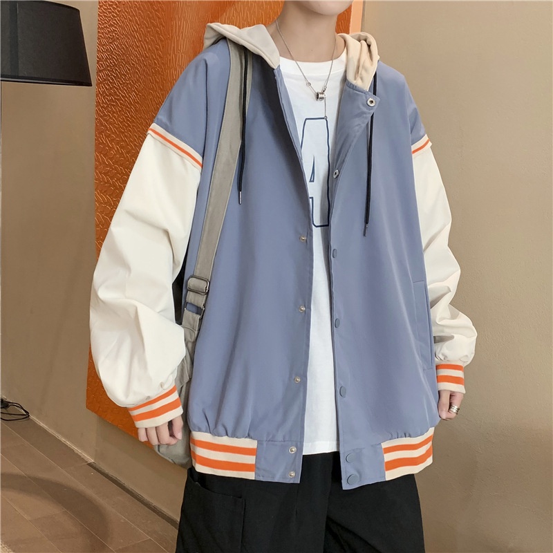 Áo khoác thể thao có mũ trùm đầu ghép nối dáng rộng phong cách hong kong thời trang xuân thu trẻ trung cho học sinh nam