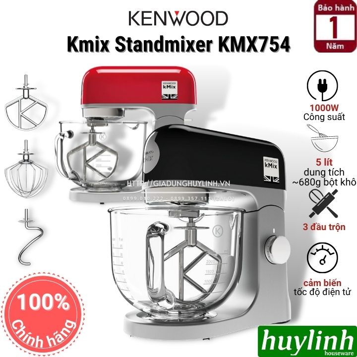 [Mã ELHAMS5 giảm 6% đơn 300K] Máy đánh trứng trộn bột đa năng Kenwood Kmix Standmixer KMX754 - 5 lít - Tô thuỷ tinh