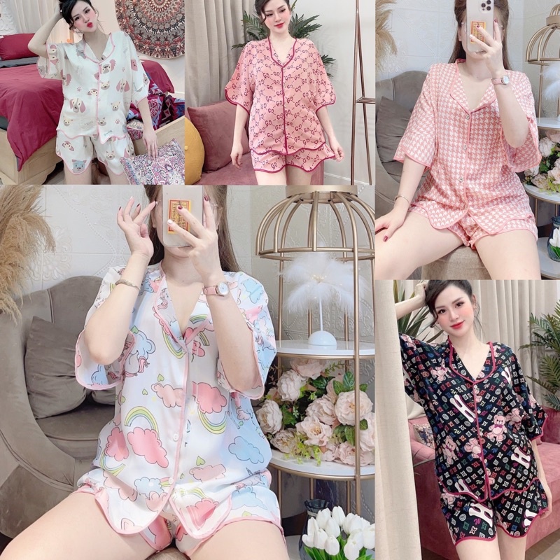 Bộ pyjama ngủ mặc nhà Lụa đùi dưới 58kg cao cấp hoạ tiết dễ thương