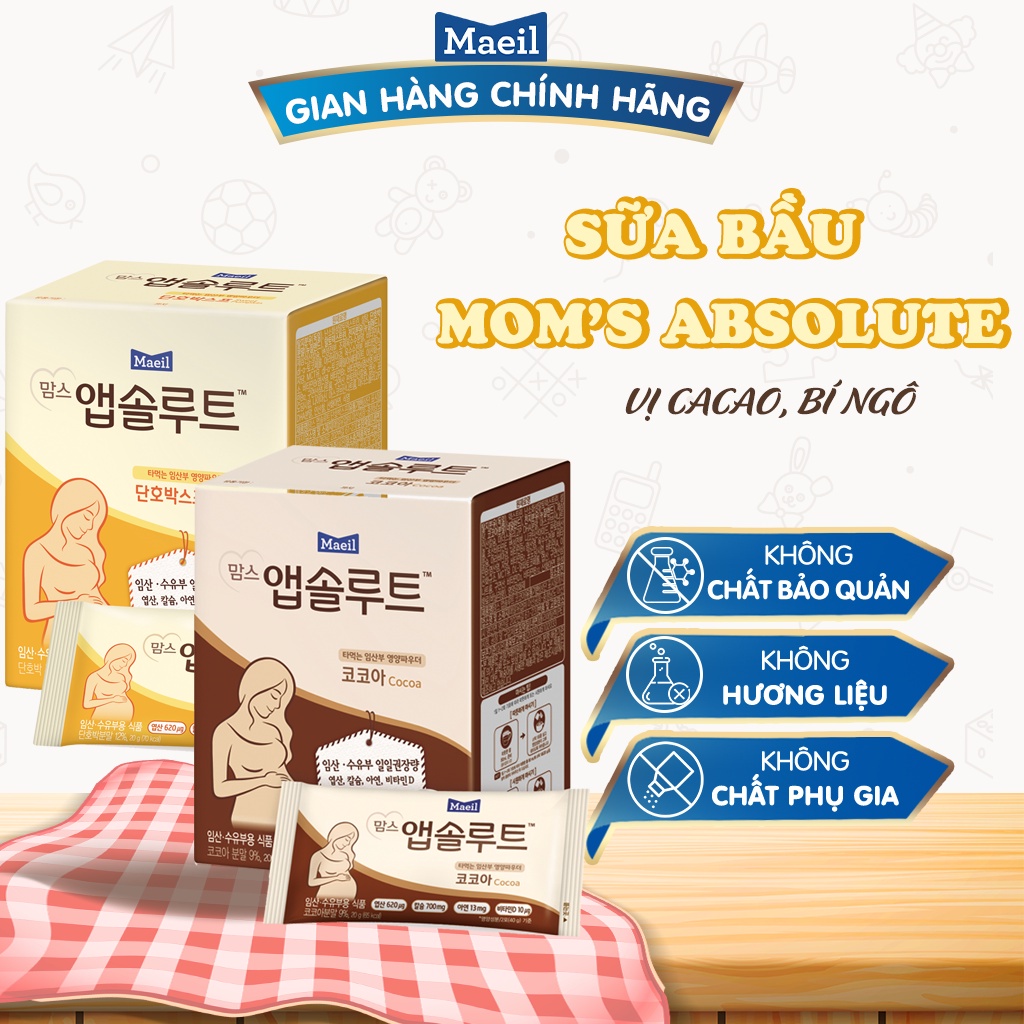 Sữa Bầu MAEIL Mom’s Absolute Hàn Quốc Hương CaCao, Bổ Sung DHA Sắt Canxi Vị Ngon Dịu Dễ Uống (10 Gói x 20g)