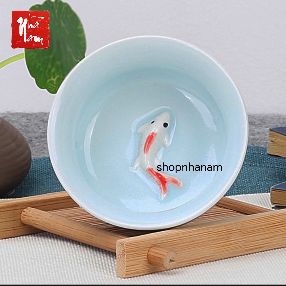 Chén trà cá chép họa tiết in nổi, chén men ngọc uống trà 3D cao cấp