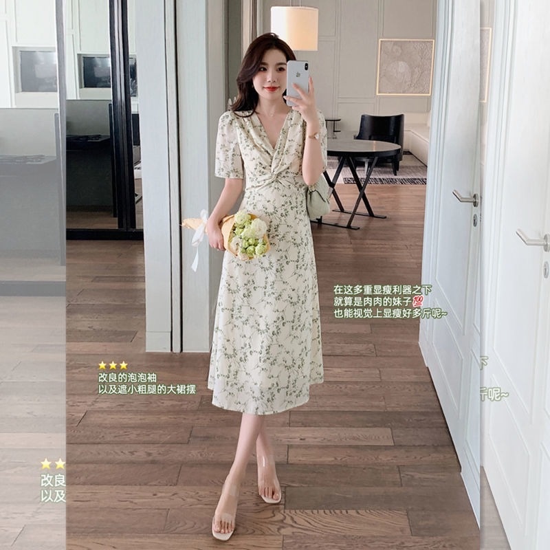 Đầm Chiffon Tay Ngắn Cổ Chữ V In Họa Tiết Hoa Màu Xanh Lá Phong Cách Pháp Hàng Mới Dành Cho Bạn Nữ