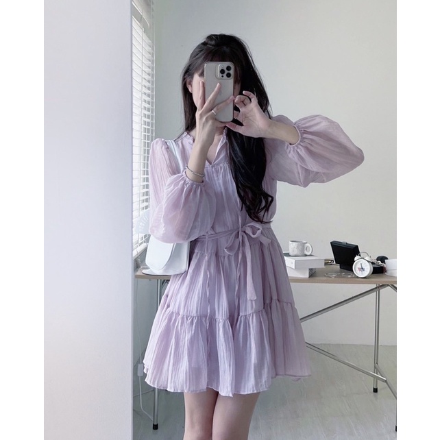 Váy Babydoll vải tơ 2lớp , đầm xinh basic dài tay kèm dây thắt eo