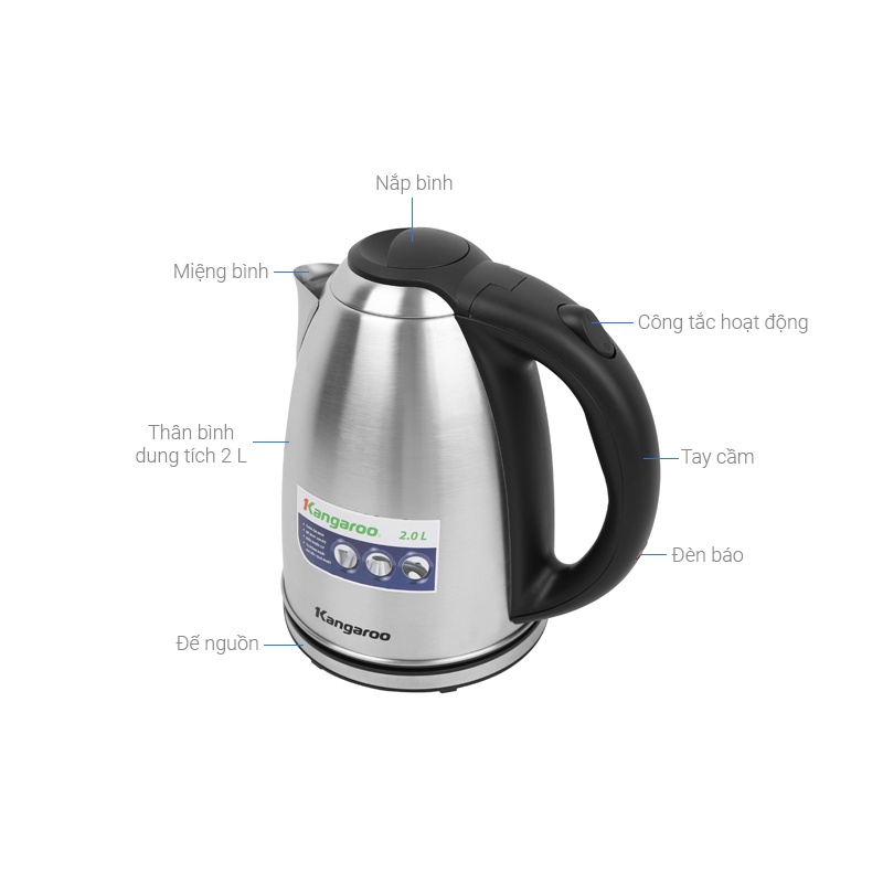 [Mã ELHADEV giảm 4% đơn 300K] Bình đun siêu tốc Inox 2.0L Kangaroo KG20SK3