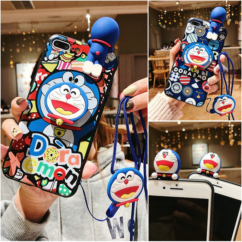 iPhone 11 Pro Max X Xs XR 6 6s 7 8 Plus 6+ 6s+ 7+ 8+ Deraemon Cartoon Enboss Cover Phone Back Cover Casing+Stand+Lanyard YKHP 05