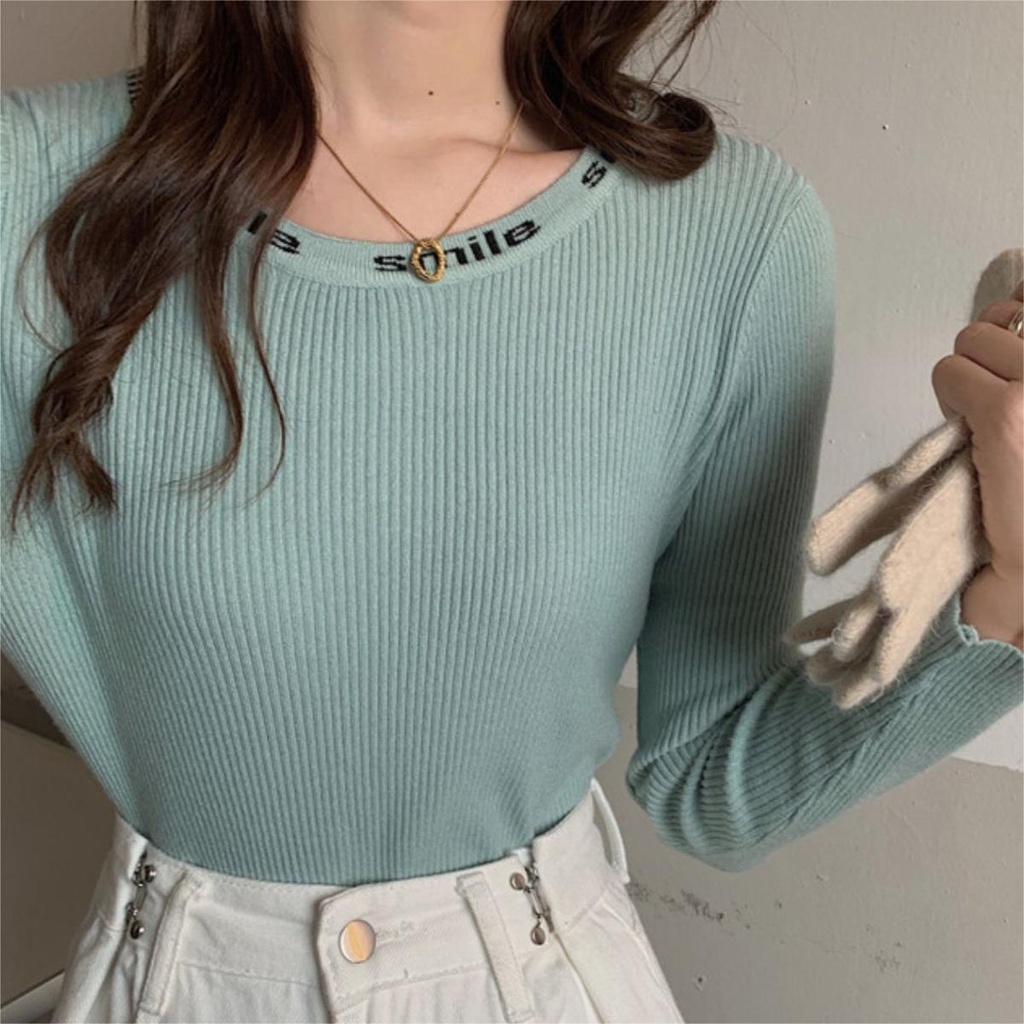 【ZHELIHANGFEI】Áo Dệt Kim Tay Dài Thêu Chữ Cá Tính Trẻ Trung Hợp Thời Trang