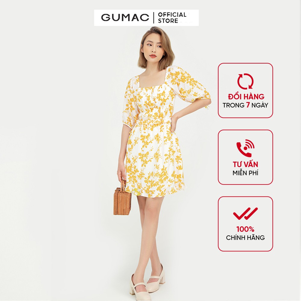 [Mã WABRGUD1 giảm 10% đơn 99K] Đầm công sở nữ nhún ngực GUMAC họa tiết hoa, phong cách vintage DB545