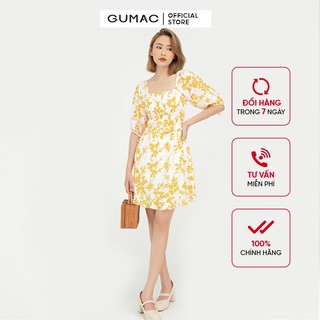 Đầm công sở nữ nhún ngực GUMAC họa tiết hoa, phong cách vintage DB545