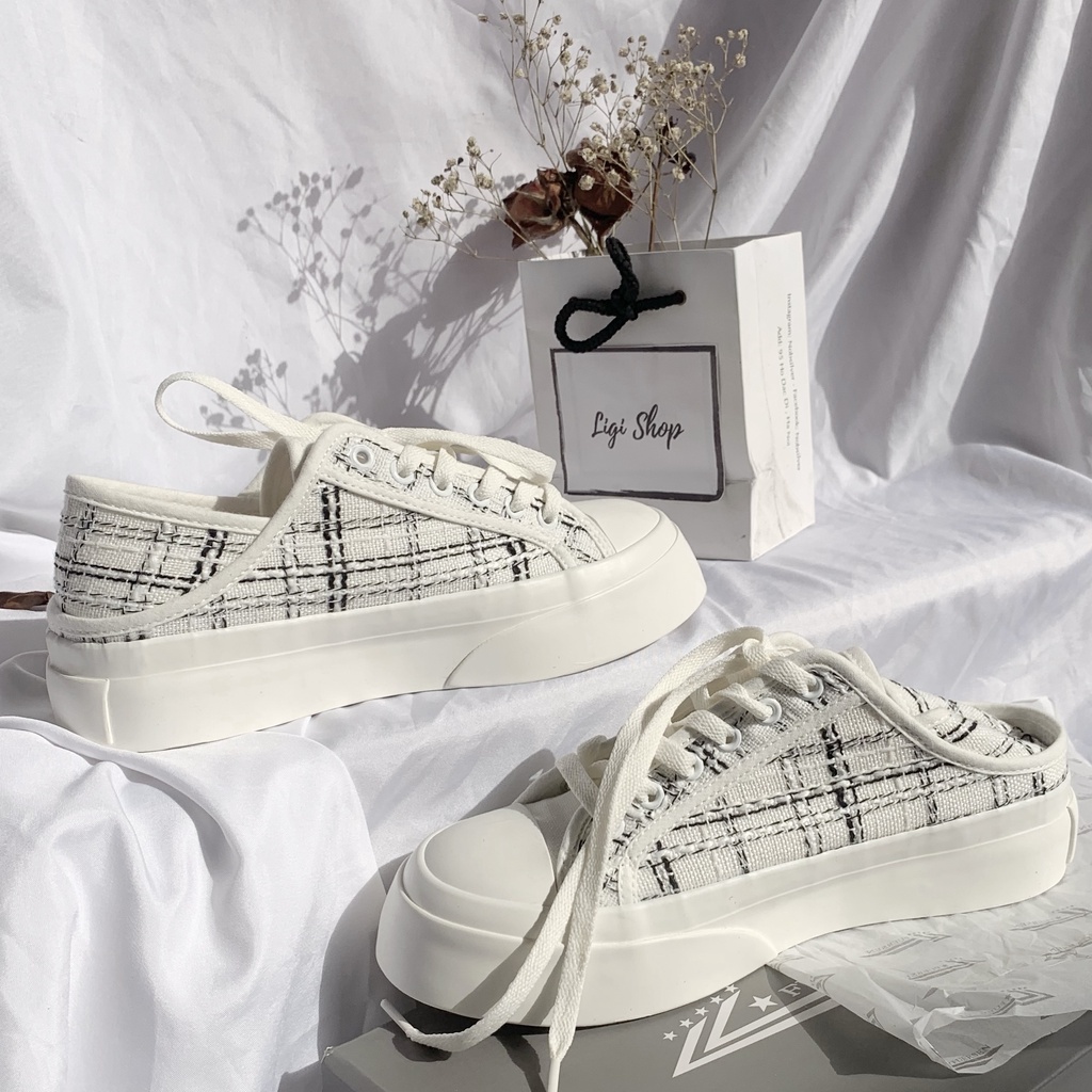 Giày thể thao nữ giẫm gót đế bánh mì, giày sneaker hoạ tiết kẻ cá tính đi được hai kiểu