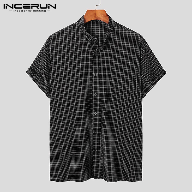 Incerun Áo Sơ Mi Cotton Ngắn Tay Cổ Đứng Cài Nút Kẻ Sọc Caro Cho Nam