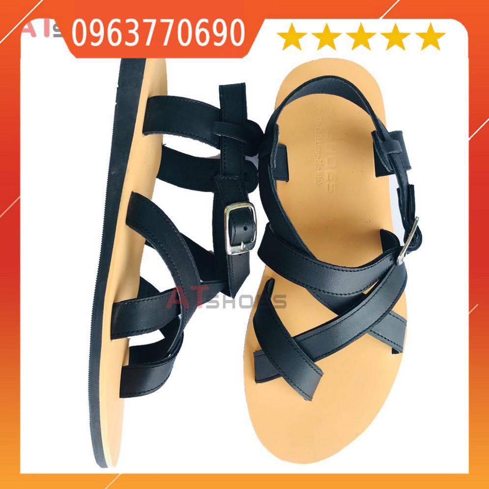 Dép Sandal Unisex cao cấp Da Bò Thật Sandal xỏ ngón nam nữ chuẩn kiểu Hàn Quốc Trẻ Trung Atshoes AT40(Đen Đế vàng)