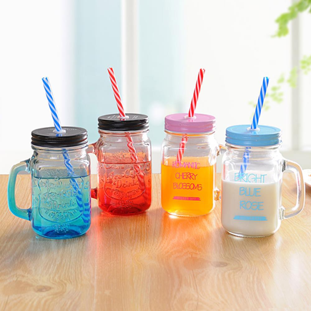 Ly cốc thủy tinh có nắp ống hút và quai cầm Mẫu Vuông cỡ 400ml mã 20022