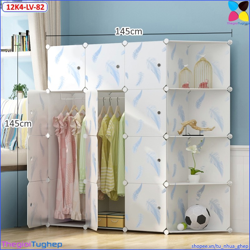 Tủ nhựa ghép 12 ô và 4 kệ góc để quần áo đa năng hình lông vũ, hồng khỉ thỏ cú sâu 47cm đủ đồ kèm thanh treo