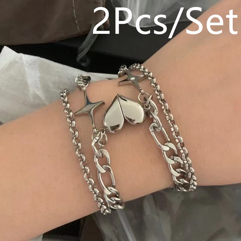 Set 2 Vòng Tay Dây Xích Đôi Khóa Nam Châm Hình Ngôi Sao / Trái Tim Sáng Tạo Cho