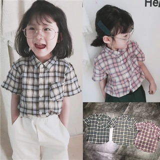 Áo sơ mi kẻ caro cộc tay Treebibi Hàn Quốc bé trai, bé gái