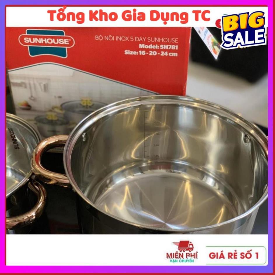 [Size 16,20,24cm] Bộ nồi inox 5 đáy Sunhouse SH781 dùng mọi loại bếp từ bếp gas bếp hồng ngoại