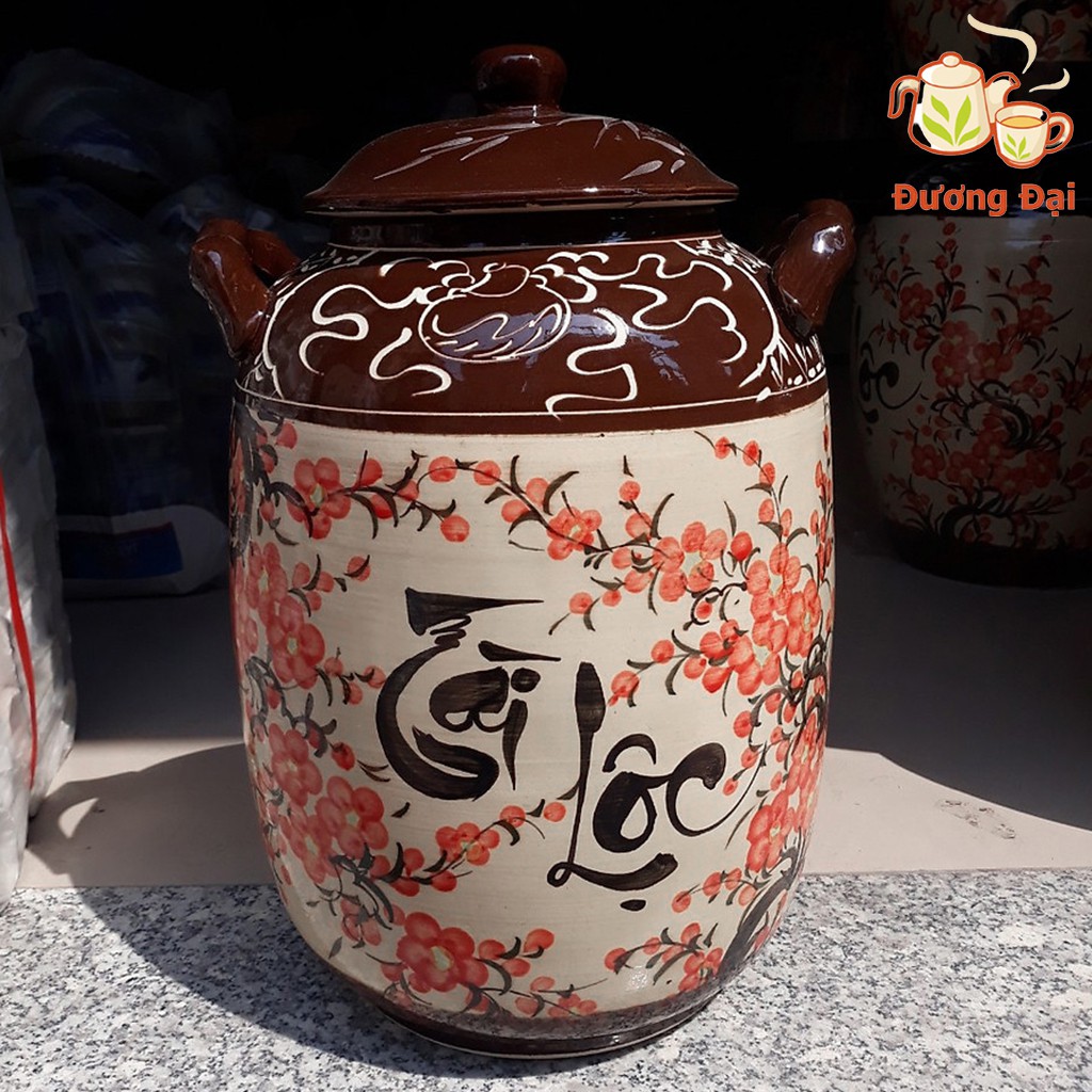 Hũ sành sứ đựng gạo, Chum ngâm rươ.u Gốm Sứ Bát Tràng Đương Đại vẽ hoa đào tráng men có quai 10-15KG