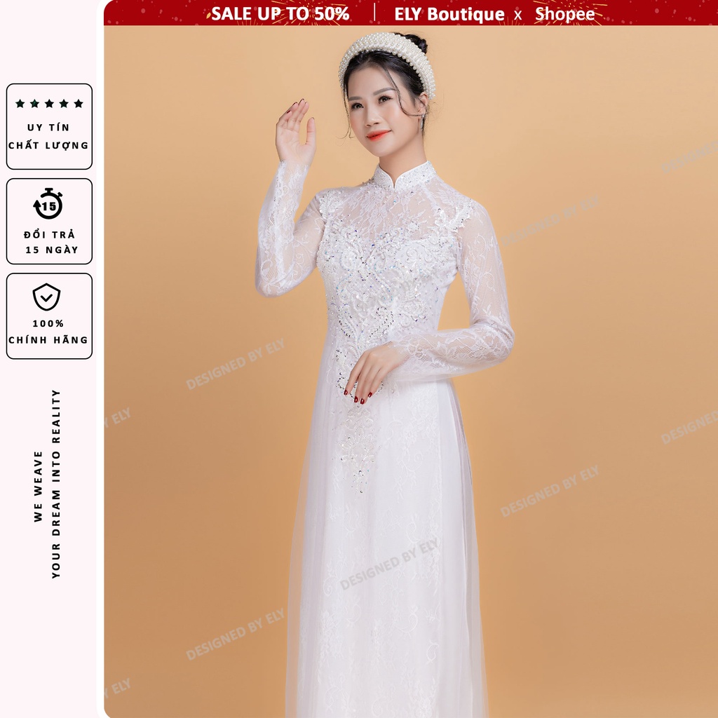 Áo dài cưới truyền thống ELY Boutique, áo dài trắng đính kết ren đẹp, 3 lớp 6 tà