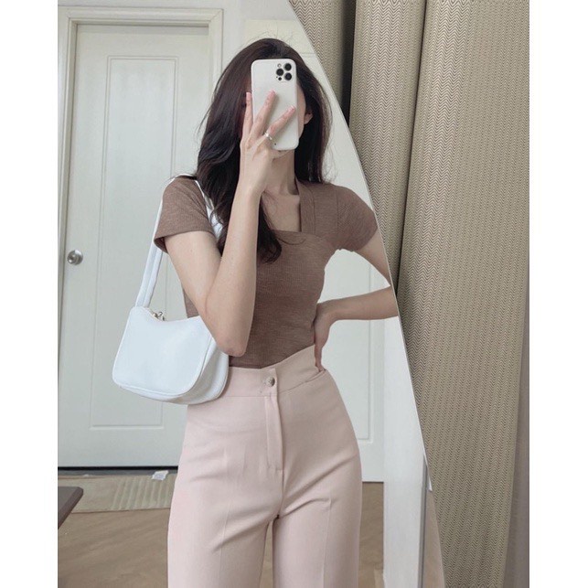 Áo thun nữ tay ngắn cổ vuông chất thun gân co dãn kiểu ôm body phong cách trẻ trung