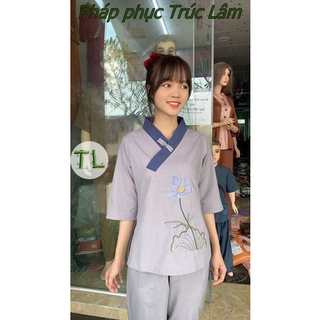 Áo lam đi chùa - Mẫu lụa 1 nút kate phối
