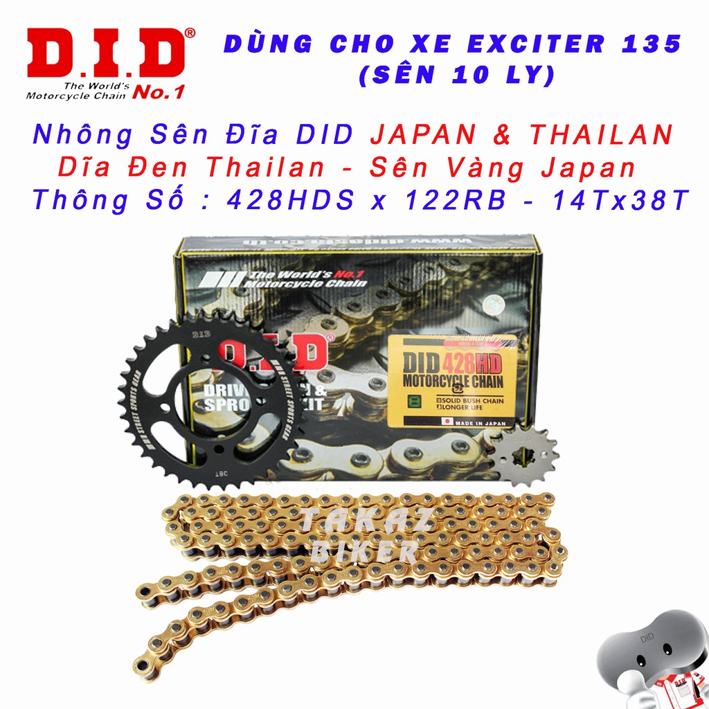 SND JP DID Yamaha Vàng DID 428HD Exciter 135 Sên Vàng Tem Xanh 10ly DID & Nhông Đĩa DID HDS Japan