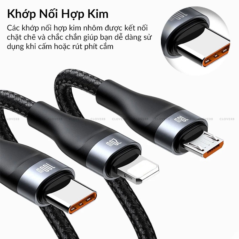 Baseus- Cáp Sạc Nhanh 3 Đầu 100W, Sạc Nhanh 3 Thiết Bị Cùng Lúc, Dây Cáp Bện Nylon Dài 1.2m, Tương Thích Đa Thiết Bị