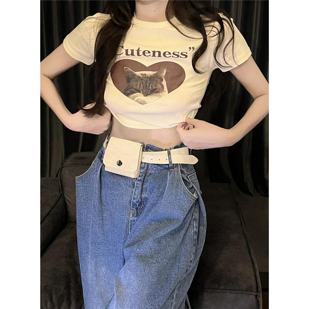 Áo Thun Ngắn Tay Dáng Ôm In Hình Mèo Dễ Thương 51128