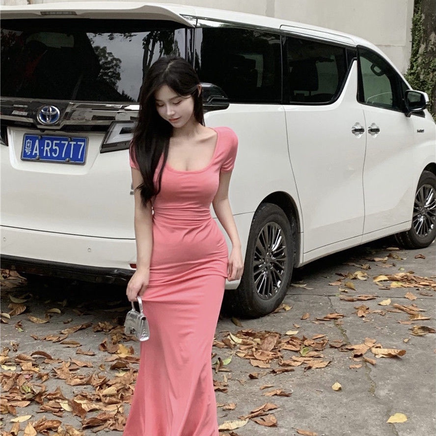 COZOK Đầm Ngắn Tay Cổ Vuông Dáng Ôm Thời Trang Quyến Rũ Cho Nữ