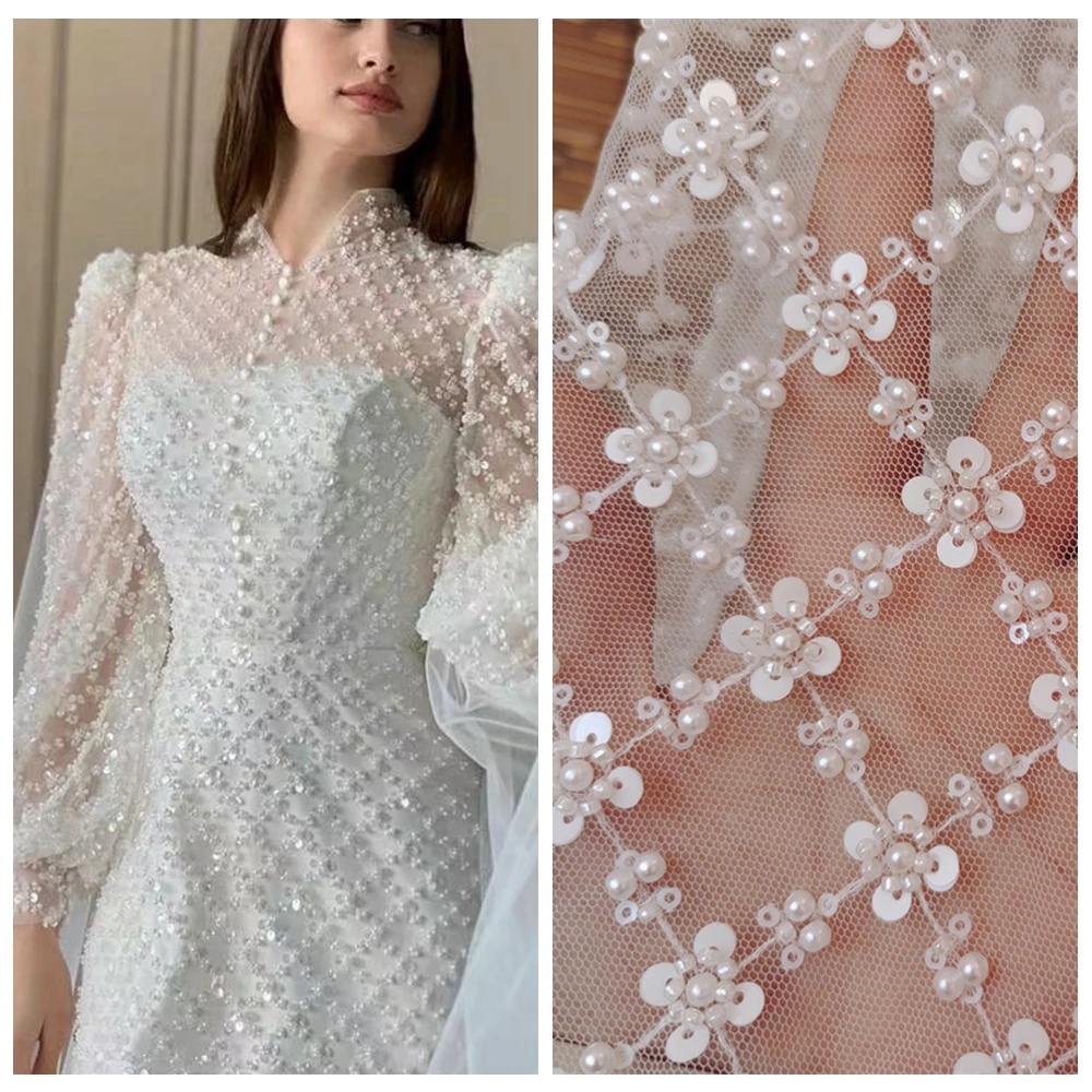 Vải Ren Off White Đính Hạt Ngọc Trai Và Kim Sa Dài 1 Yard