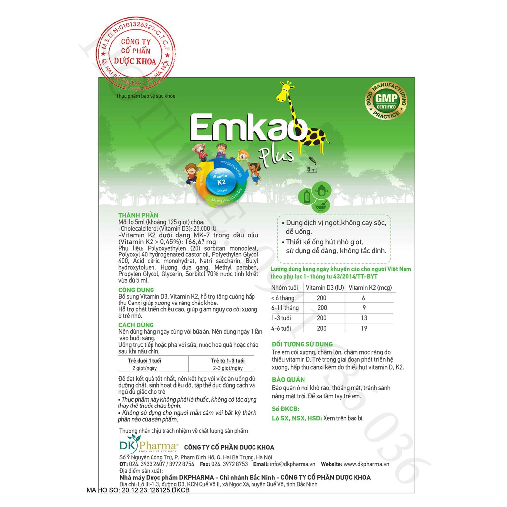 EMKAO plus vitamin d3 kết hợp k2 - phát triển hệ xương, răng, giảm quấy khóc đêm ở trẻ, phát triển chiều cao - DK PHARMA