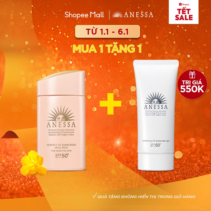 Bộ đôi kem chống nắng Anessa dịu nhẹ và dưỡng trắng da Anessa Mild Milk - Anessa Whitening Gel