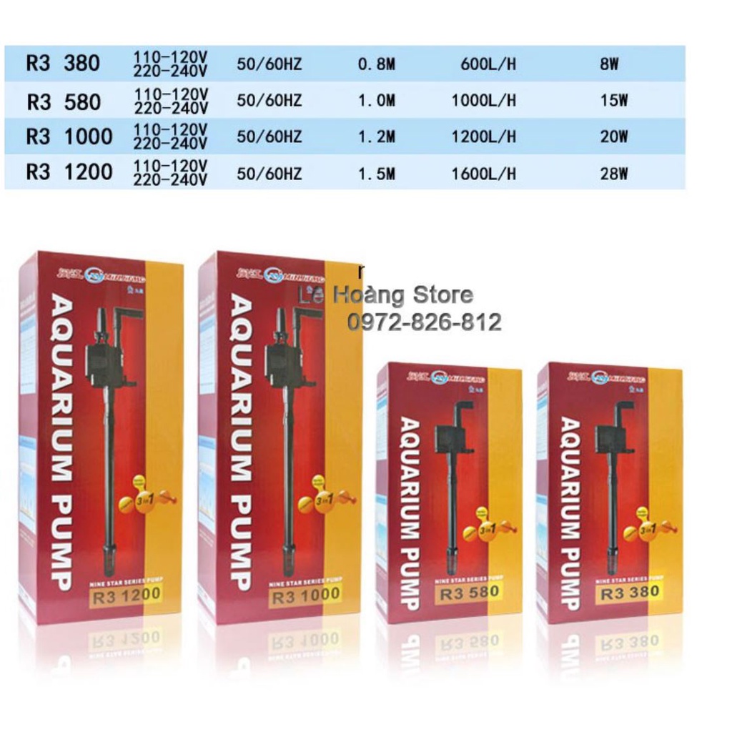 Bơm chìm 3 trong 1 thay thế bể kính đúc Minjiang R3 - 380, R3 -  580, R3- 1000, R3- 1200