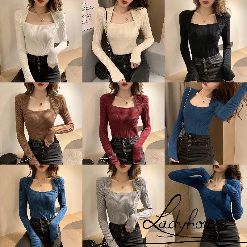 Áo Dệt Kim Tay Dài Cổ Vuông Màu Trơn Thời Trang Cho Nữ
