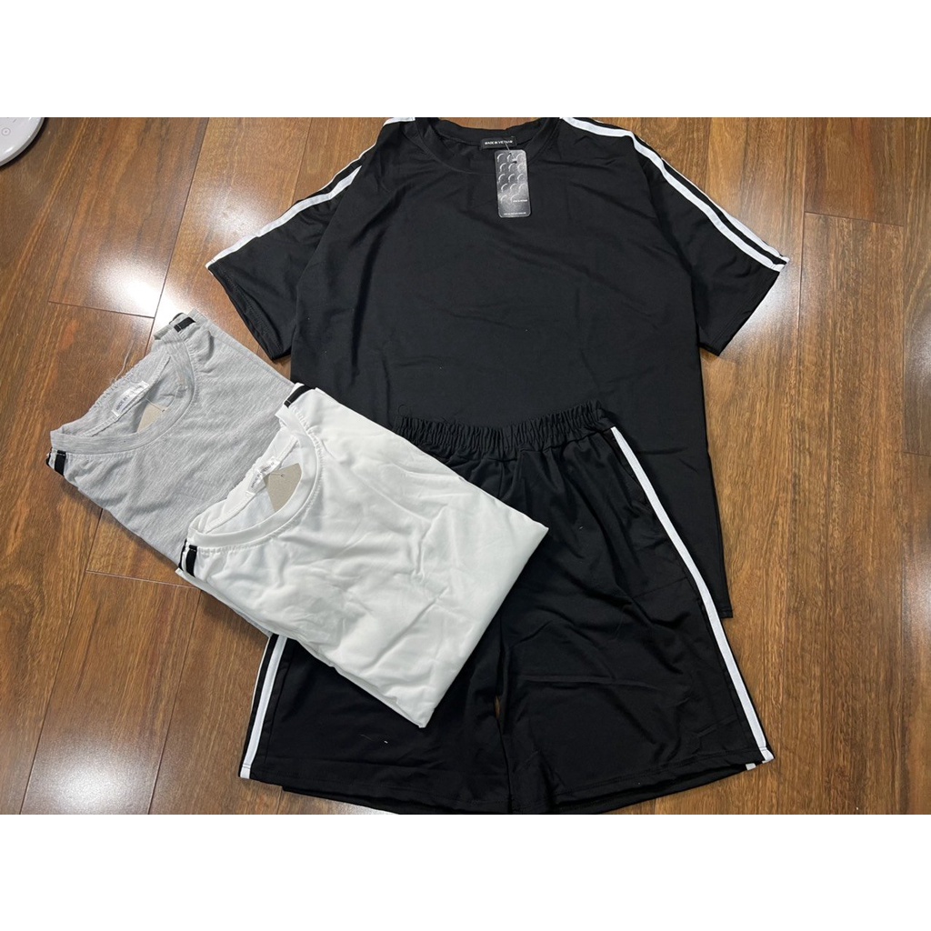 Set thun trơn 3 sọc unisex 🎁 Nana's House - FREESHIP 🎁 Bộ suông cộc kẻ sọc cổ tròn tay lỡ dáng rộng nam nữ