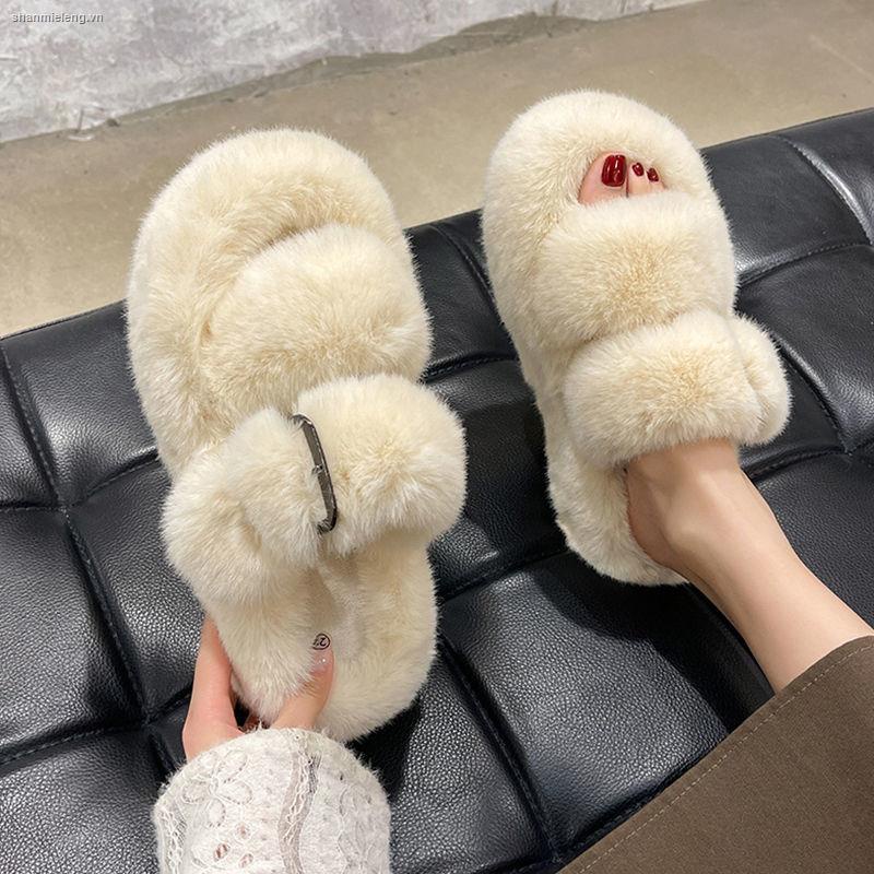 Dép cotton phối lông thỏ thật thời trang xuân thu mới 2022 cho nữ