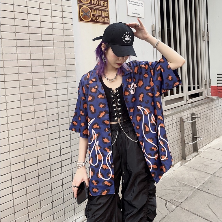 Áo sơ mi ngắn tay local brand Clownz Leopard Flame họa tiết da báo unisex nam nữ form rộng