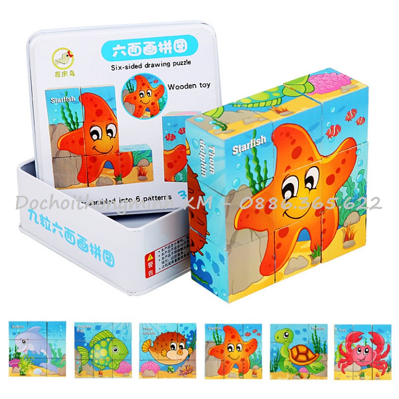 Đồ chơi xếp hình 6 mặt cho bé, ghép hình 3D 9 khối lập phương hộp sắt cao cấp
