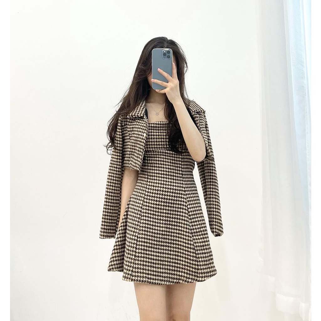(FREESHIP) set váy dạ 2 dây áo khoác kẻ miho.house