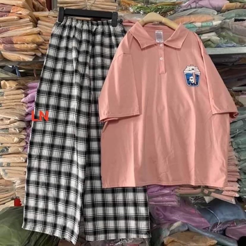 Áo phông polo 3D + quần kẻ trắng to TH6