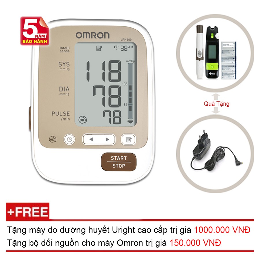 Máy đo huyết áp bắp tay Omron JPN600 + Tặng bộ đổi nguồn + Máy đo đường huyêt TD 4265