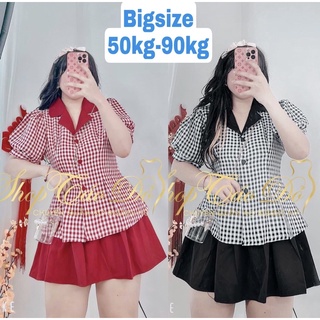 (SHOP TÁO ĐỎ BIGSIZE 50kg-90kg) Set áo peplum caro mix chân váy xếp li màu đỏ/ đen