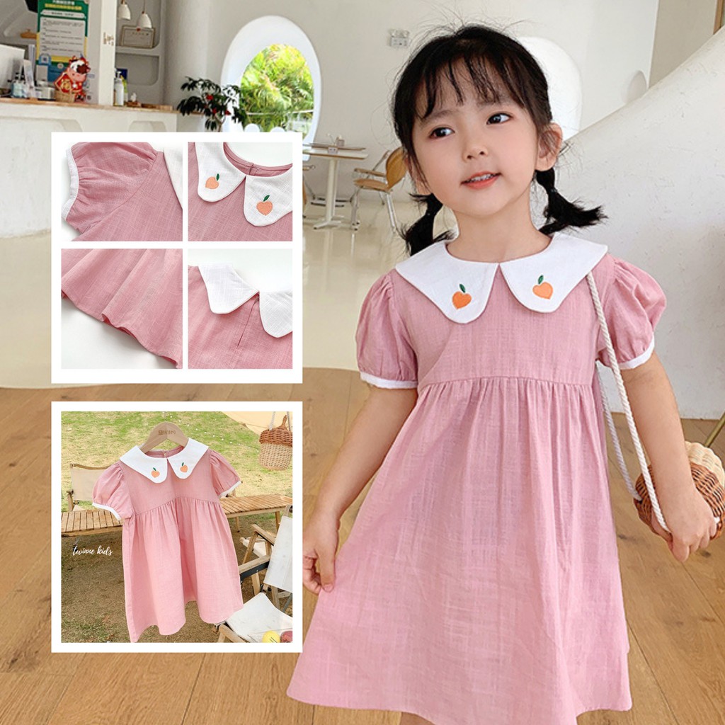 Váy bé gái mùa hè đi học màu hồng Pinky thêu quả đào màu hồng baby dễ thương bé gái 2-6 tuổi