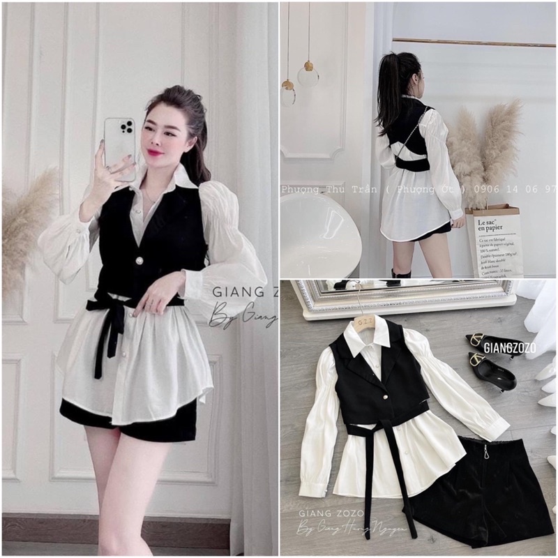 Set Áo Sơ Mi Kèm Áo Gile Chất Chéo Chất Thái, Áo Kiểu Nữ Đẹp Cá Tính