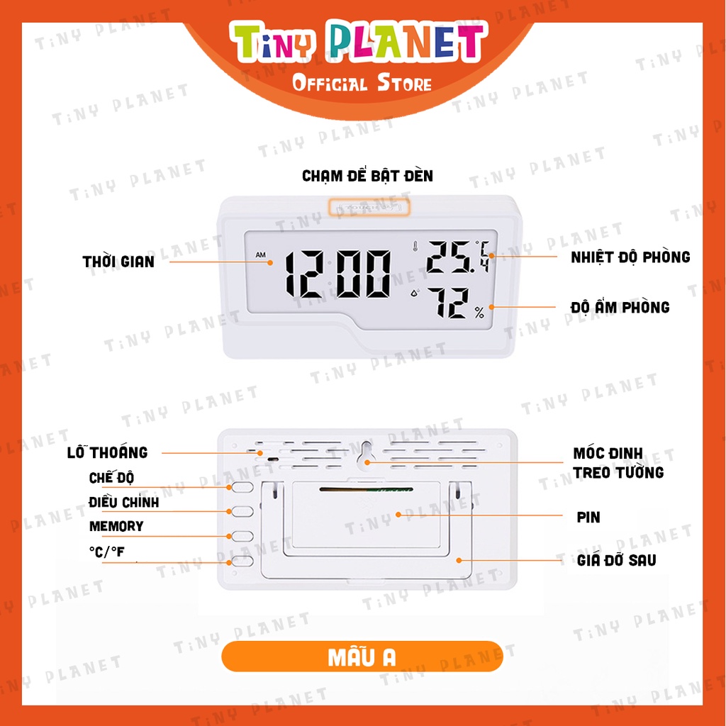 [2 MẪU] Nhiệt ẩm kế kèm đồng hồ đo nhiệt độ và độ ẩm phòng ngủ cho bé Tiny Planet có đèn ban đêm