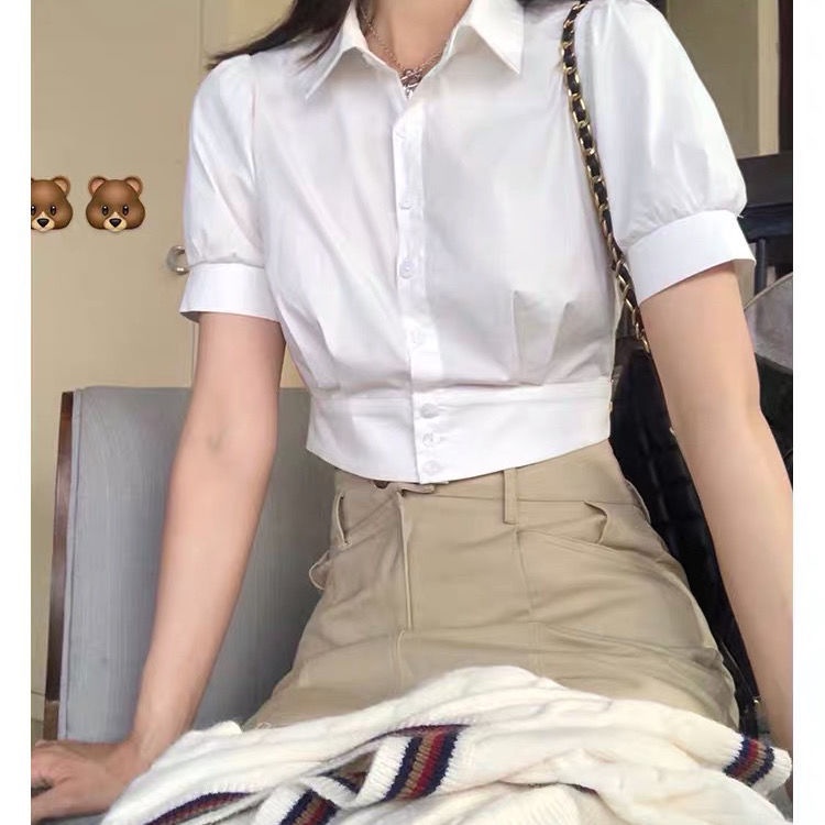 [MURIOKI] Áo Sơ Mi Tay Ngắn Phồng Ôm Dáng Màu Trắng Phong Cách Preppy Cổ Điển Hợp Thời Trang Cho Nữ