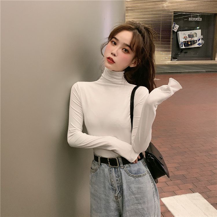 Áo thun tay dài cổ cao ôm dáng nhiều màu sắc tùy chọn quyến rũ cho nữ