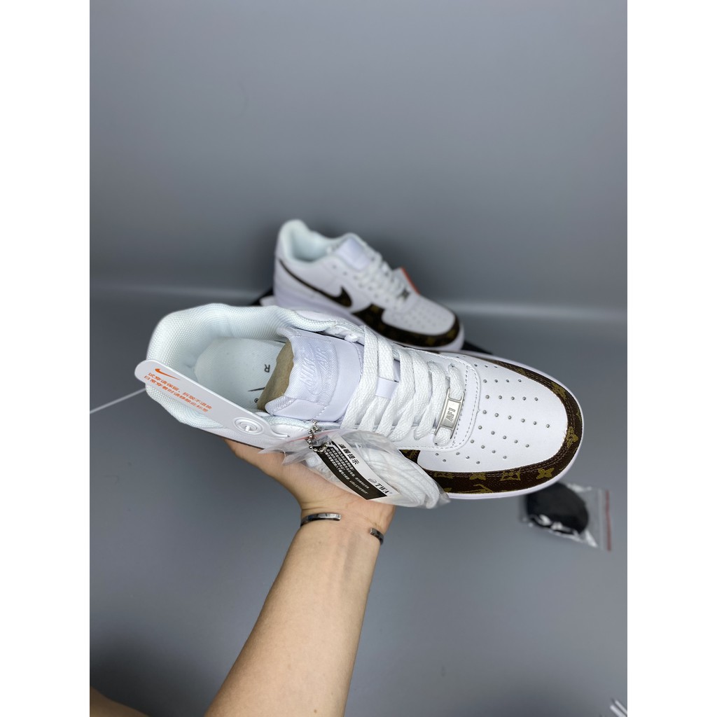 Giày Sneaker Nam Nữ Af1 Thêu Chữ Lv Nâu Trắng Fullbox, Giày Thể Thao Nam Nữ Mới 2021