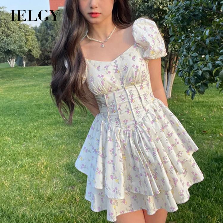 Đầm IELGY tay ngắn cổ vuông họa tiết hoa xinh xắn dễ phối đồ cho nữ