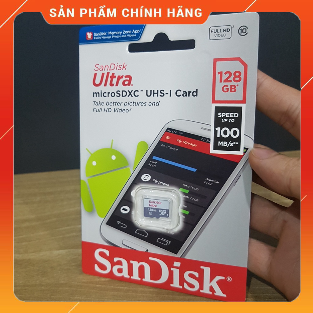 Thẻ nhớ SanDisk Ultra Class 10 128GB 100MB/s - Dùng cho camera, máy ảnh, điện thoại - Hàng chính hãng